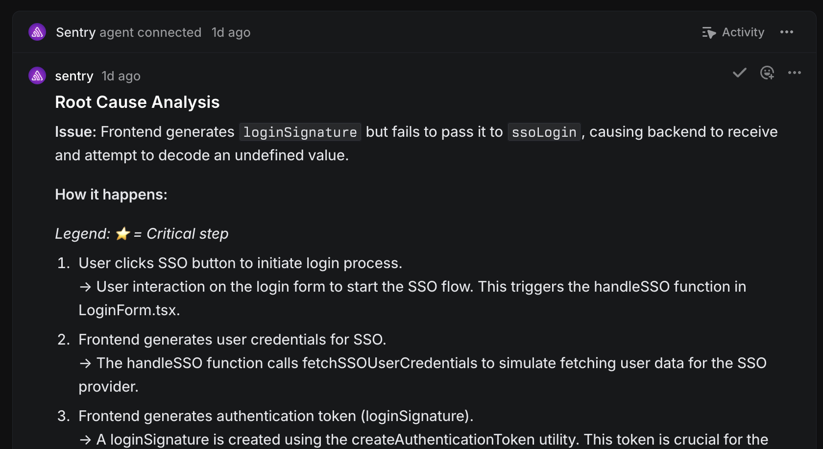 Sentry agent posting a root cause analysis in Linear