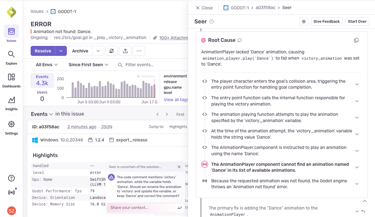 Go from issues to code fixes automatically with AI debugging