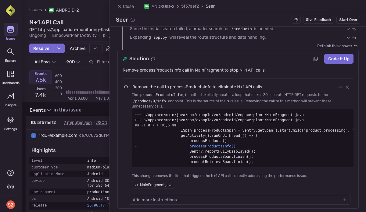 Go from issues to code fixes automatically with AI debugging