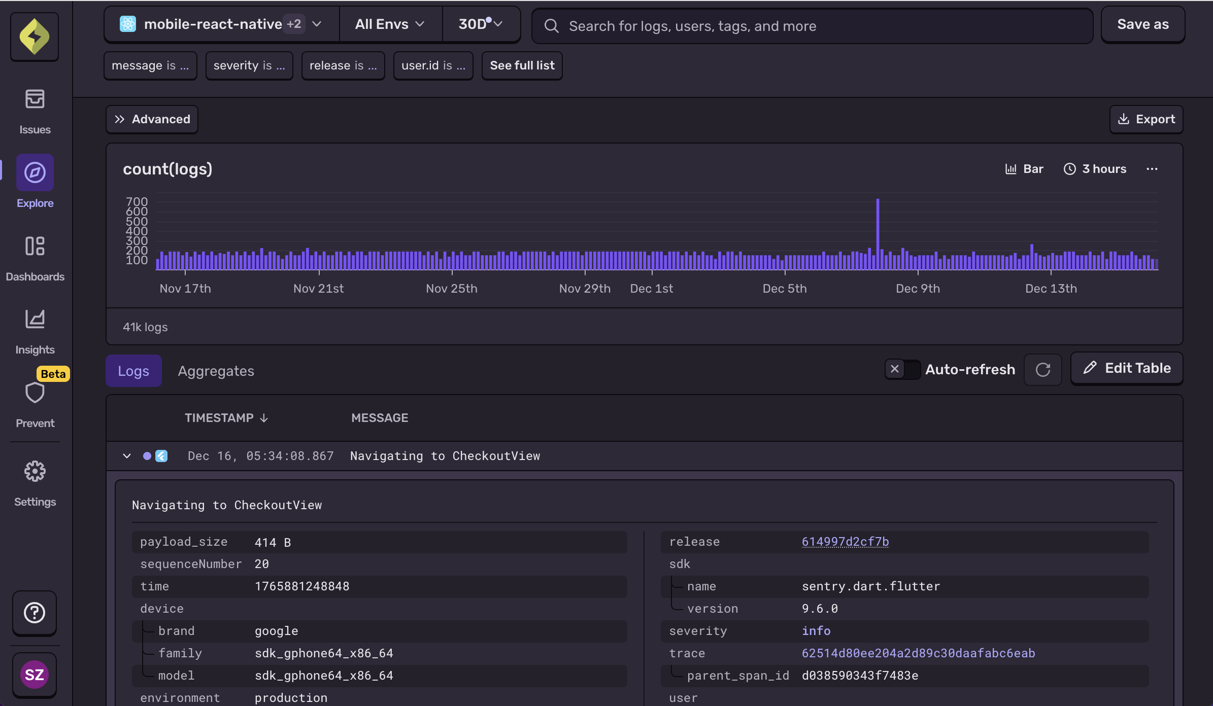 See logs right alongside your issues, traces, and session replays