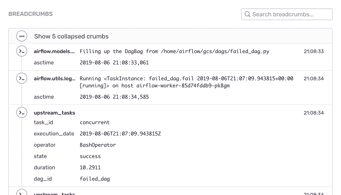 A screenshot of the a Sentry breadcrumb list.