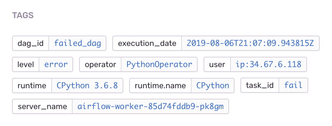 A screenshot of the Sentry interface showing issue tags.