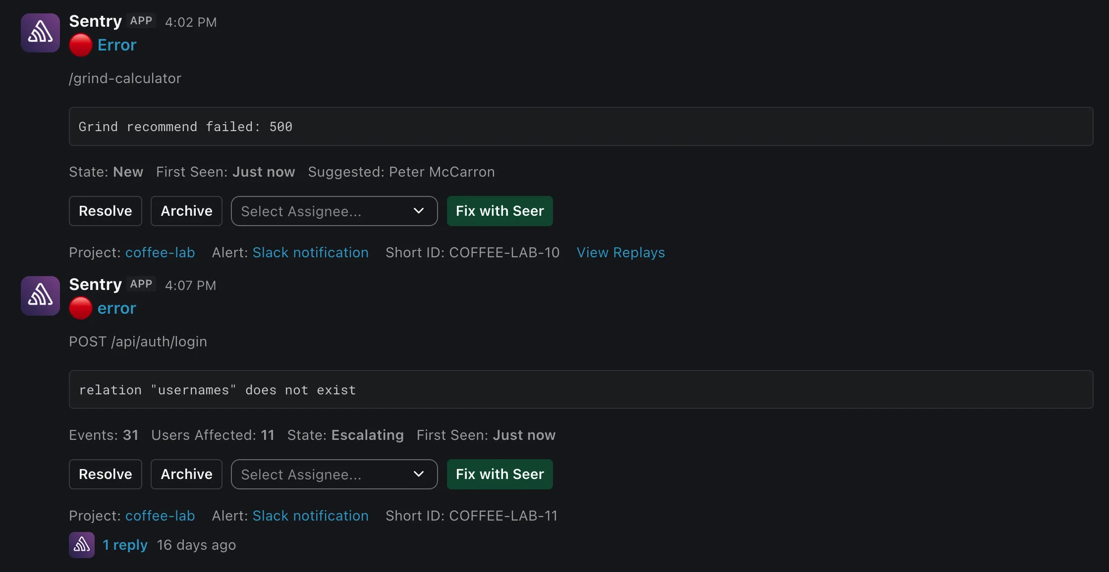 Sentry alerts in Slack with Fix with Seer buttons
