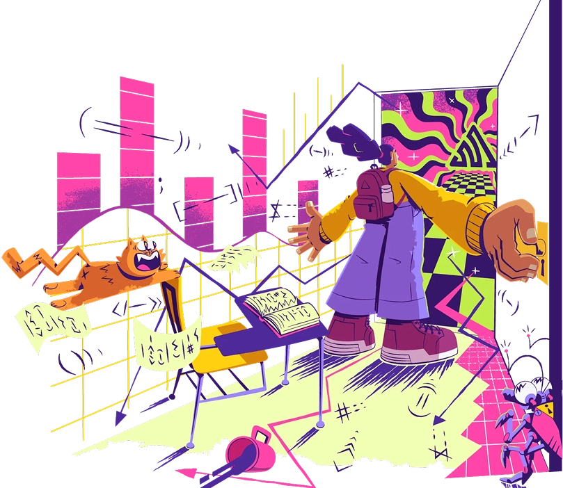 Illustration of person working at desk with colorful charts and data visualizations