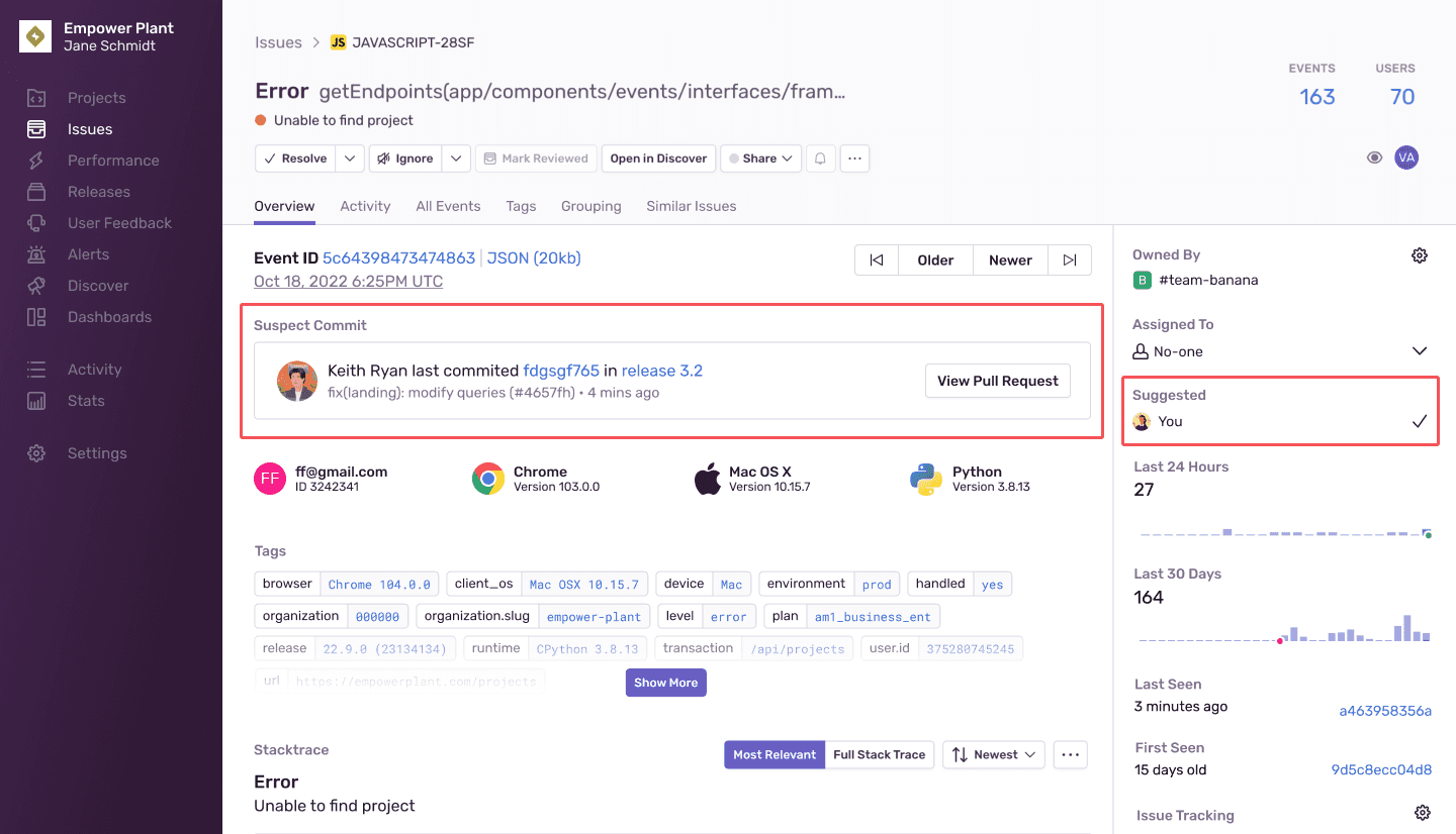 Sentry collaboration features showing suspect commits and issue owners