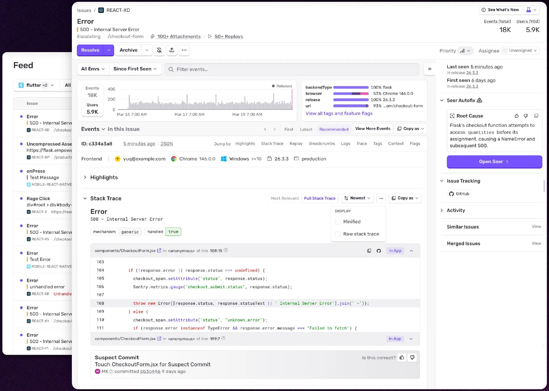 Sentry issue detail with error feed, stack traces, and suspect commits