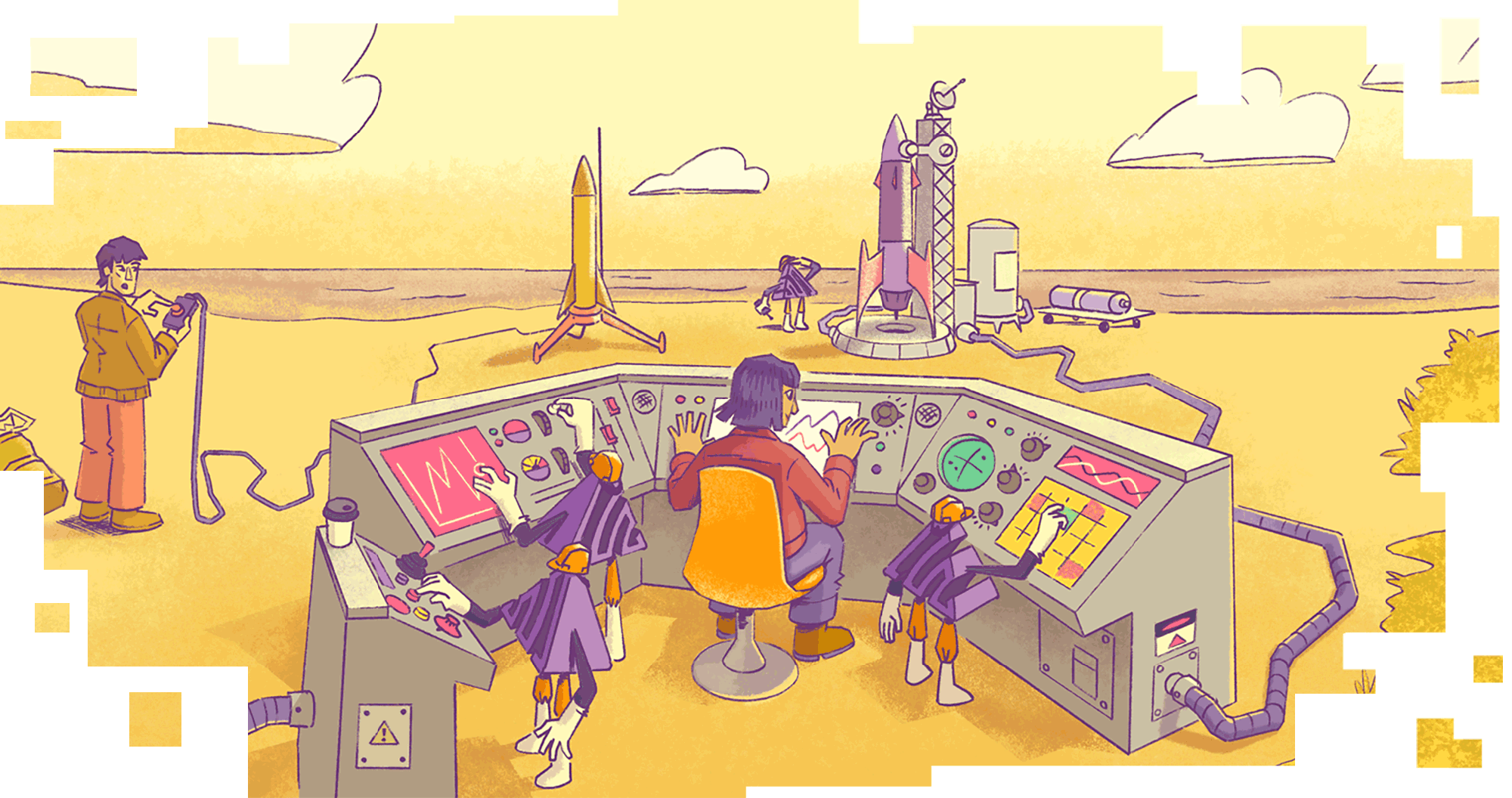 An illustration of Sentry's Session Replay as a super model rocket about to launch