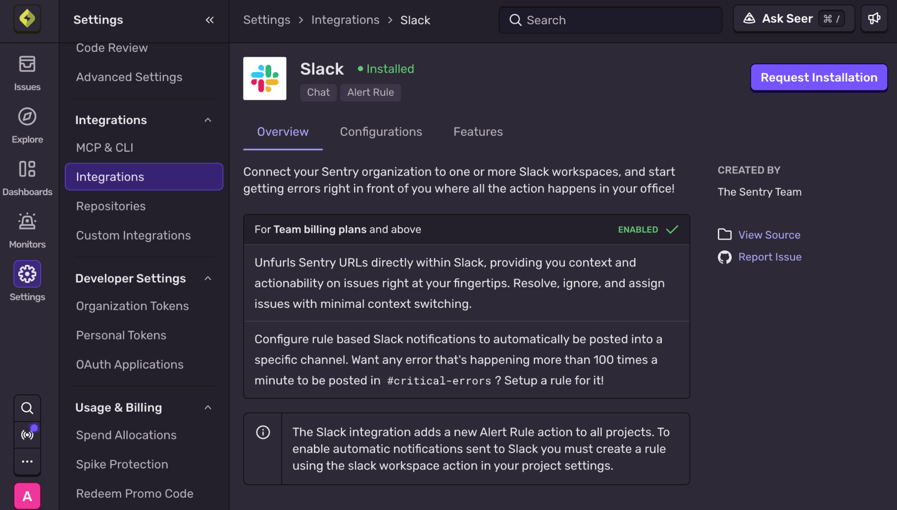 Slack integration settings