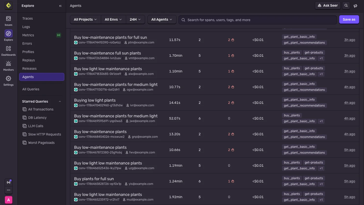 AI agent conversations in Sentry's Agents explorer