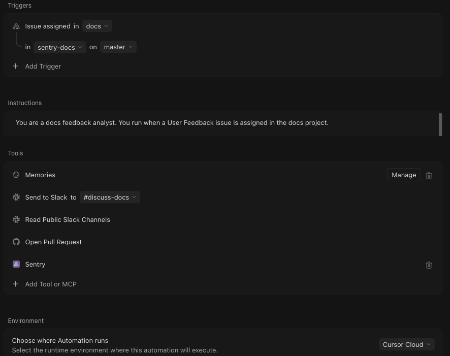 Cursor Automation triggered by a Sentry User Feedback issue