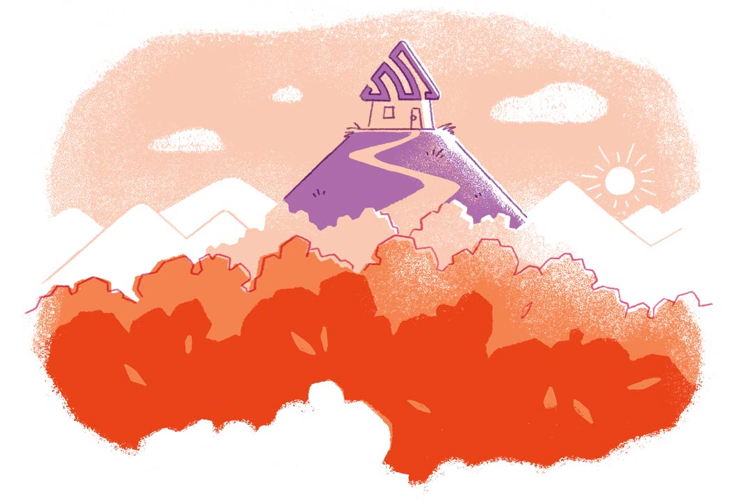 Sentry mascot shaped house sitting atop a serene landscape, symbolizing privacy and security.