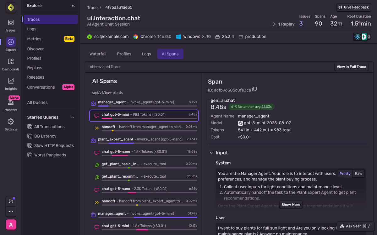 Sentry Trace Explorer showing an AI Agent Chat Session trace with AI Spans tab selected, listing nested agent invocations, chat spans with token counts and costs, tool executions, and agent handoffs — with a detail panel showing model, token usage, cost, and the full system prompt