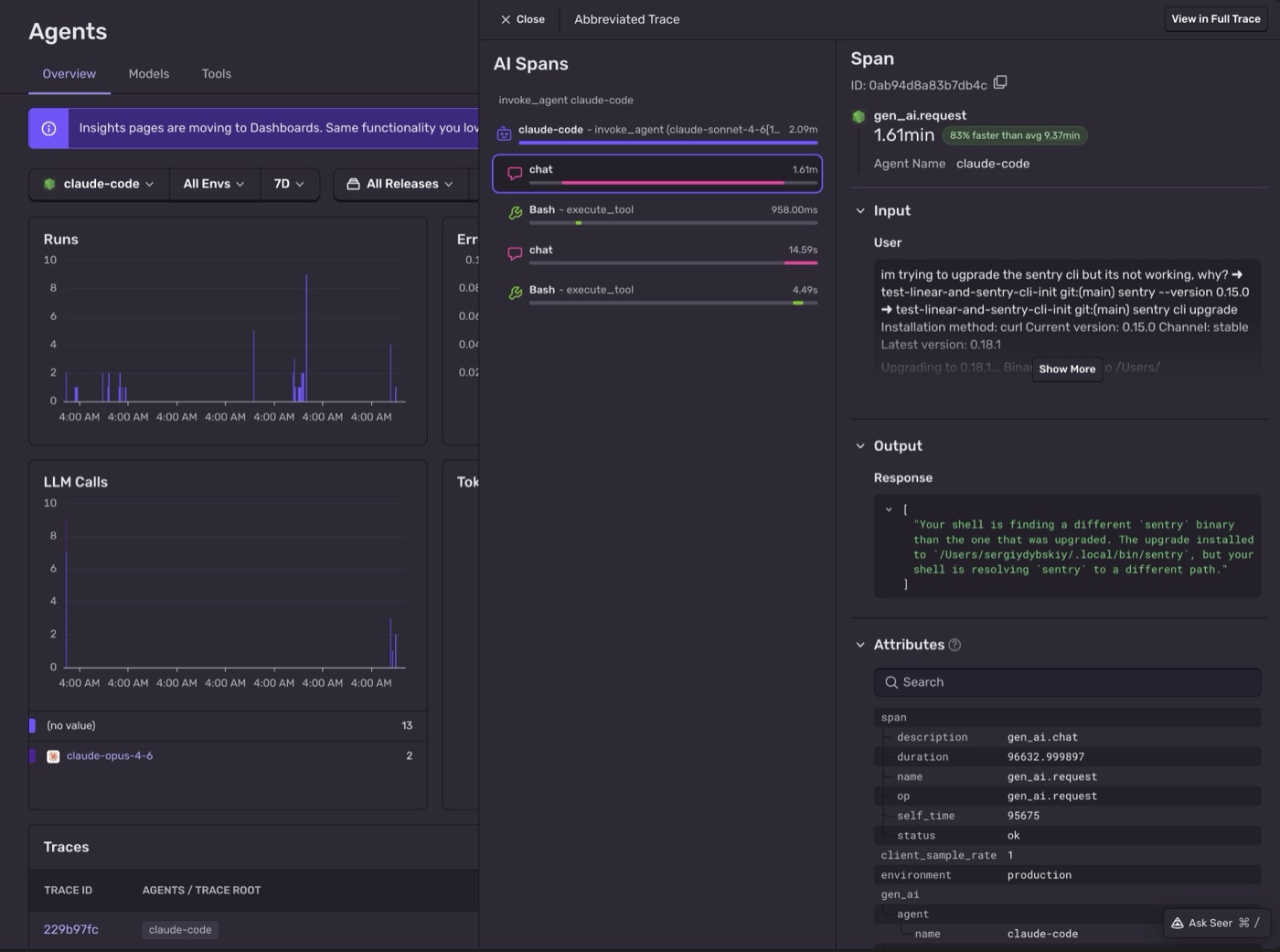 Sentry AI Agents dashboard showing Claude Code sessions with invoke_agent root spans, chat and Bash tool execute_tool child spans, and gen_ai.request span details including input, output, and attributes