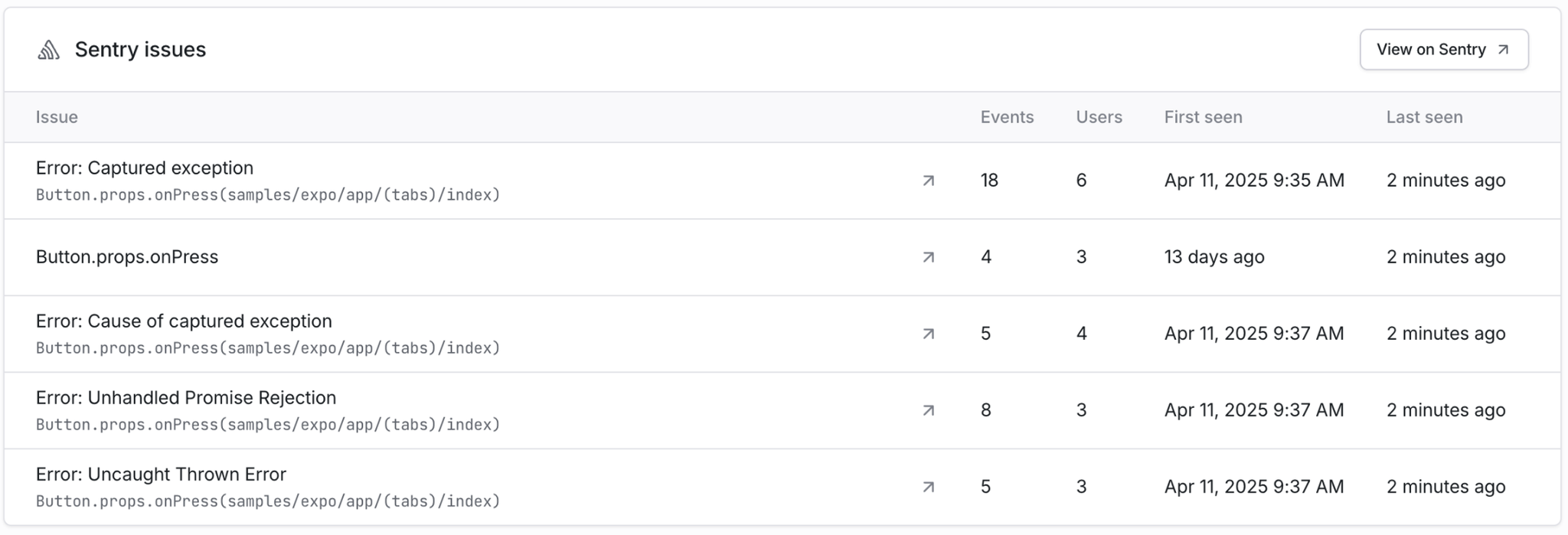 Screenshot showing Sentry errors surfaced within Expo