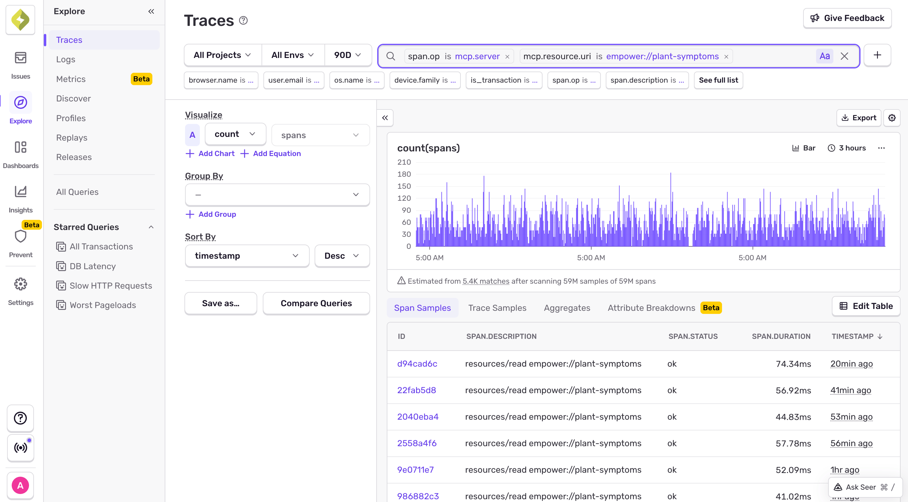 Sentry Trace Explorer filtered by span.op mcp.server showing span samples for resource reads with duration and timestamp columns