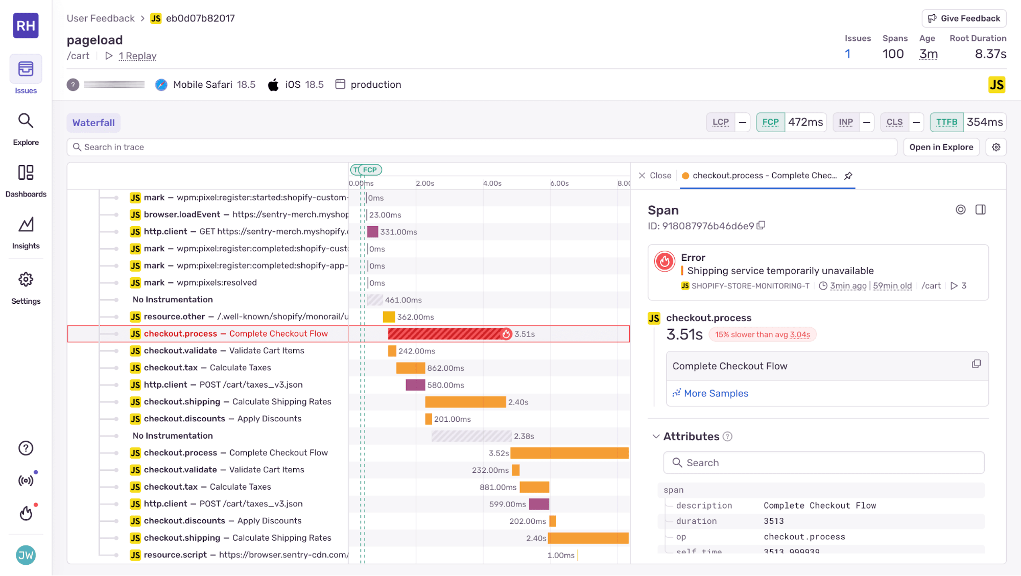 Screenshot of the Sentry performance monitoring interface showing a checkout process trace with a highlighted span labeled “Complete Checkout Flow” and an error message “Shipping service temporarily unavailable,” indicating a 3.51-second delay.
