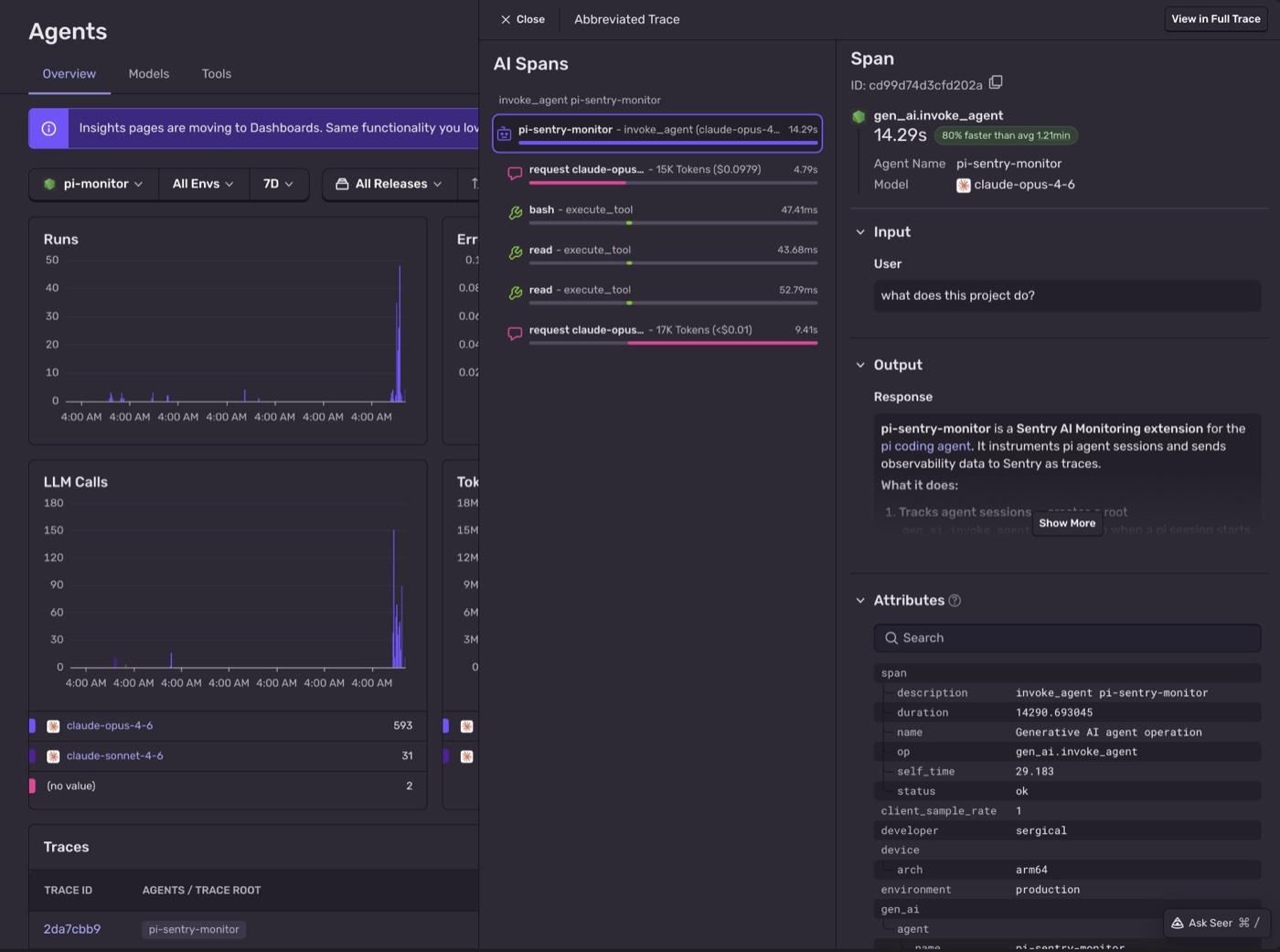 Sentry AI Agents dashboard showing pi-sentry-monitor sessions with invoke_agent root spans, request and execute_tool child spans with token counts and costs, and gen_ai.invoke_agent span details including input, output, and attributes