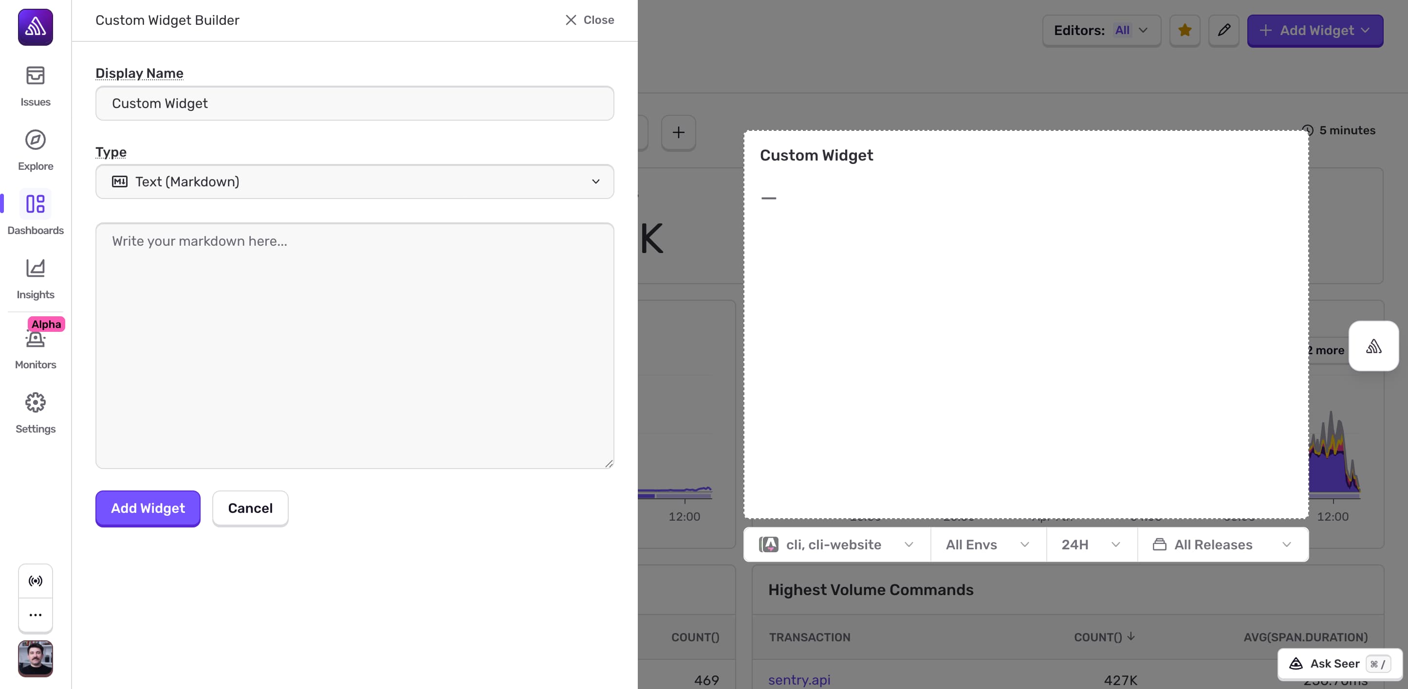 Widget builder with Text (Markdown) selected as the visualization type