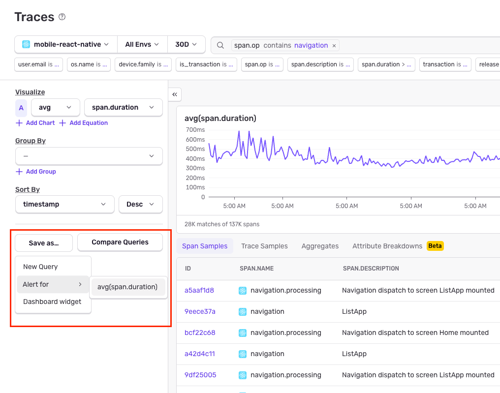 Sentry Trace Explorer with the Save As menu open, showing options to create an alert or dashboard widget from the current span query