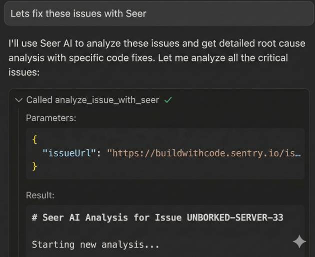 Cursor chat showing Seer AI being called via the analyze_issue_with_seer MCP tool with a root cause analysis result