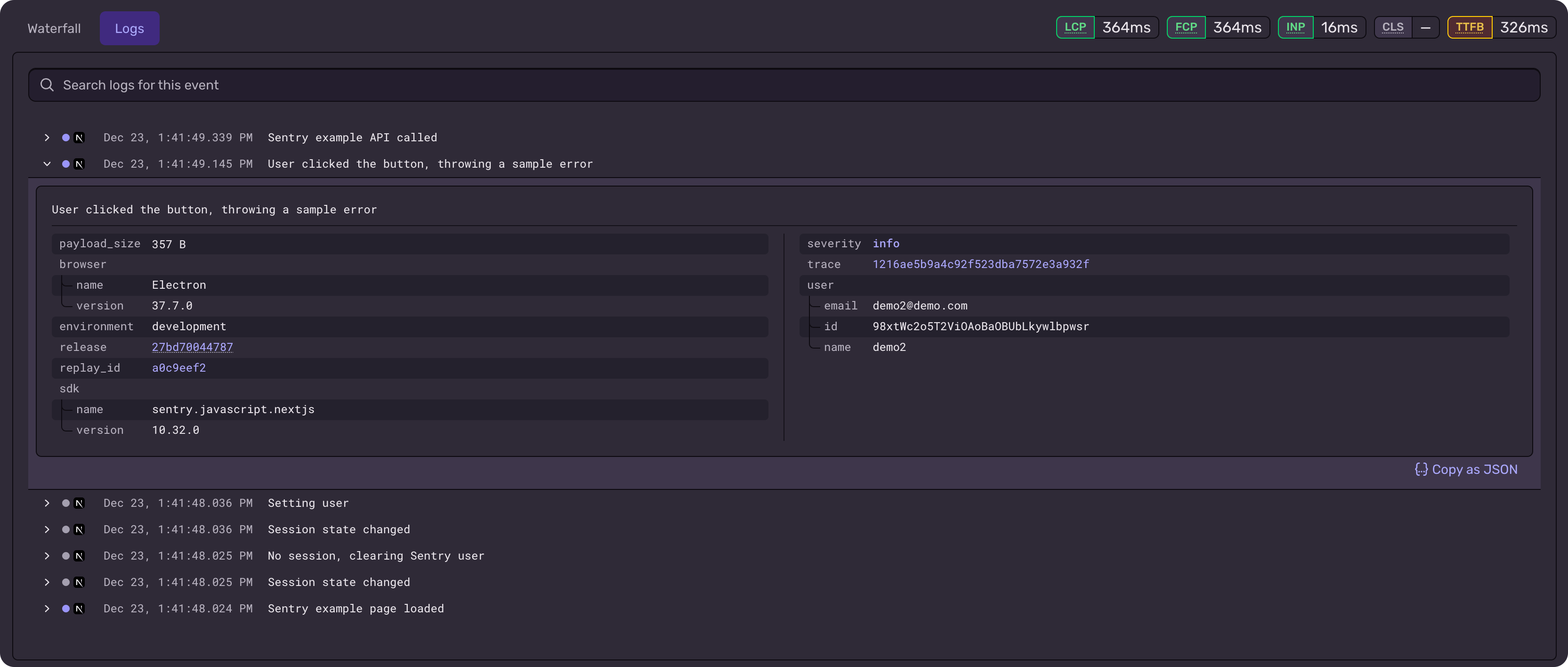 Sentry issue view showing trace-connected structured logs alongside the error and spans
