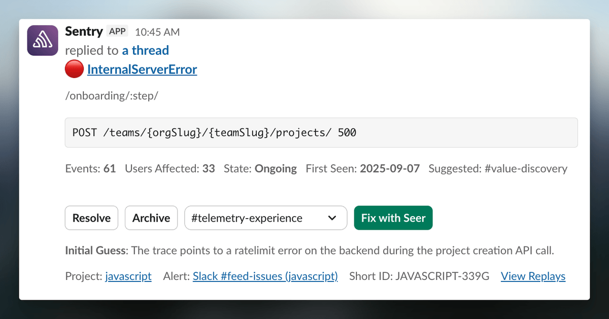 Sentry alert in Slack with a Fix with Seer button