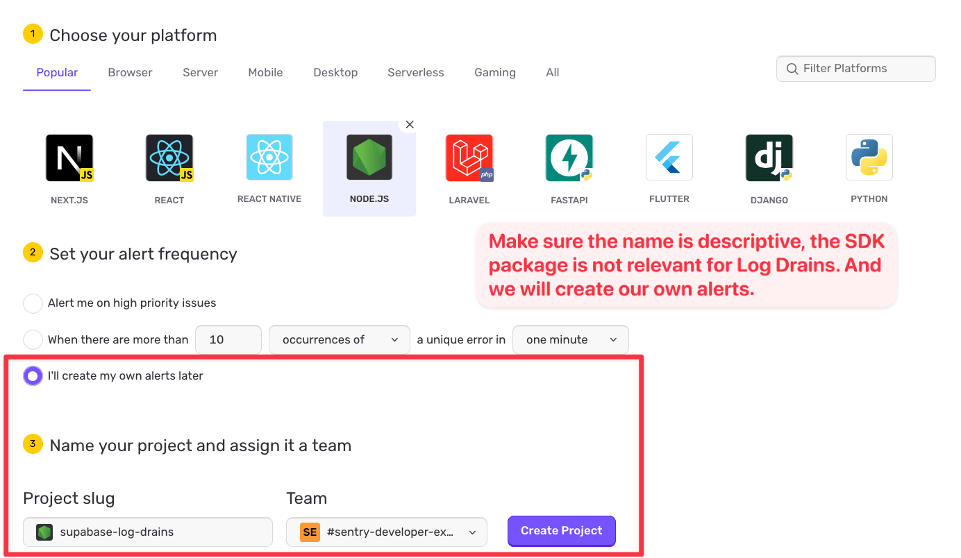 Sentry project creation page showing platform picker, alert frequency set to create alerts later, and project slug set to supabase-log-drains