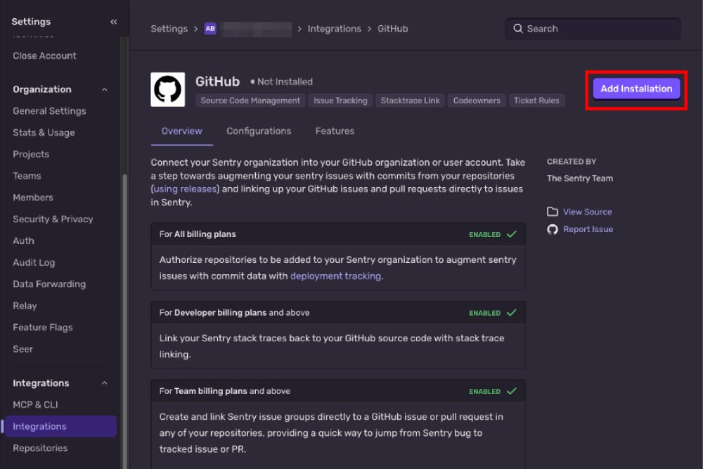 GitHub integration page in Sentry Settings showing the Add Installation button