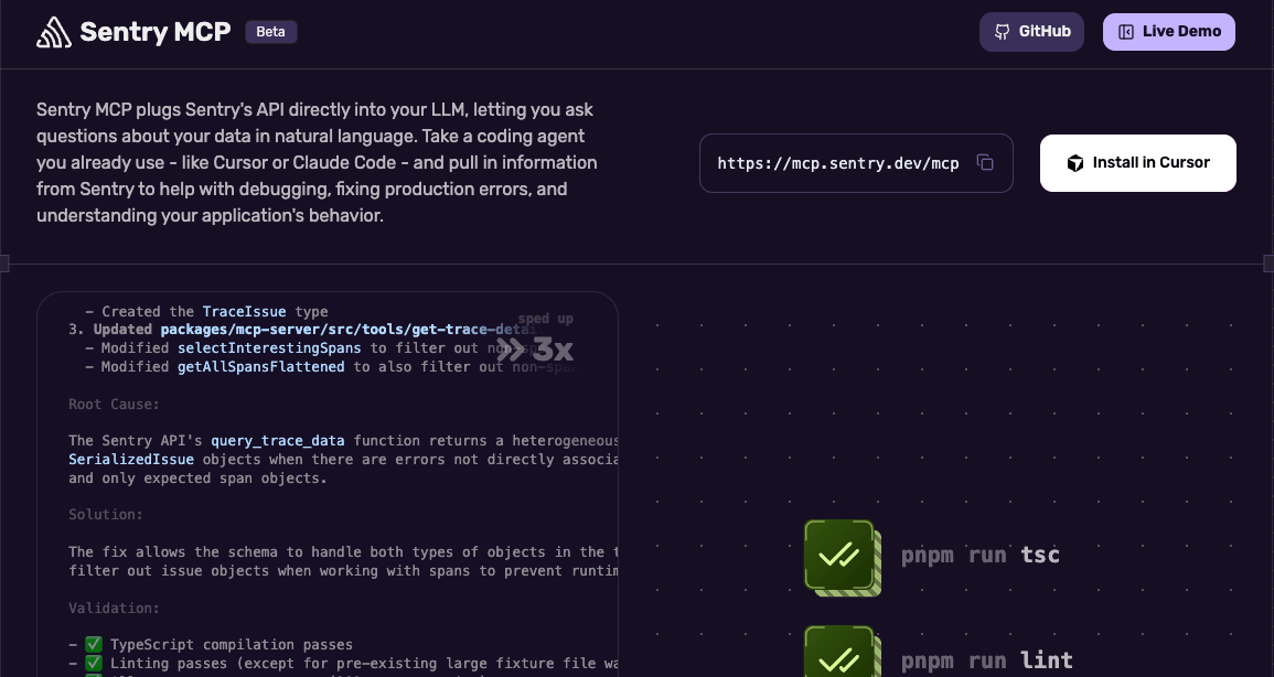 The mcp.sentry.dev page showing the MCP server URL and an Install in Cursor button