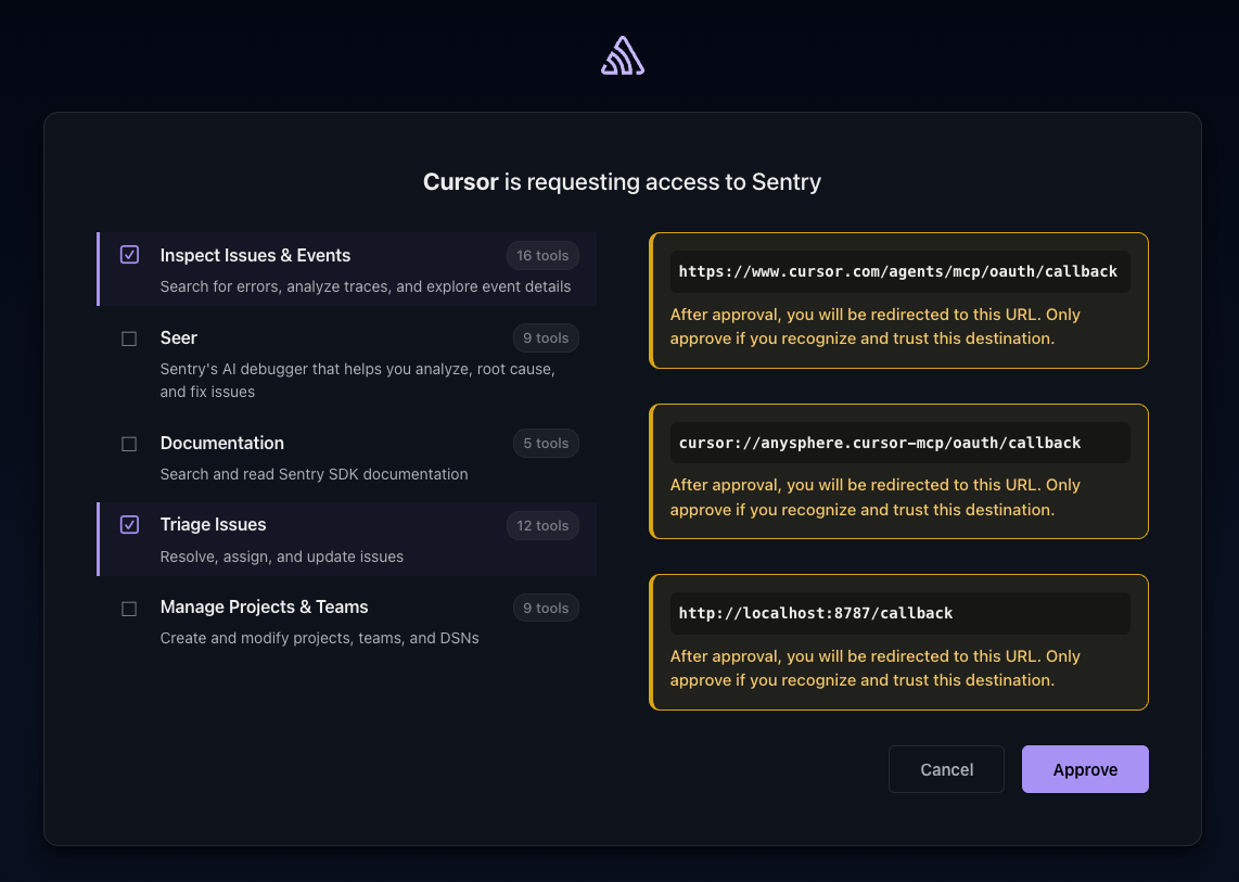 The Sentry OAuth consent screen shown after clicking Authenticate, with Inspect Issues & Events and Triage Issues scopes enabled and an Approve button
