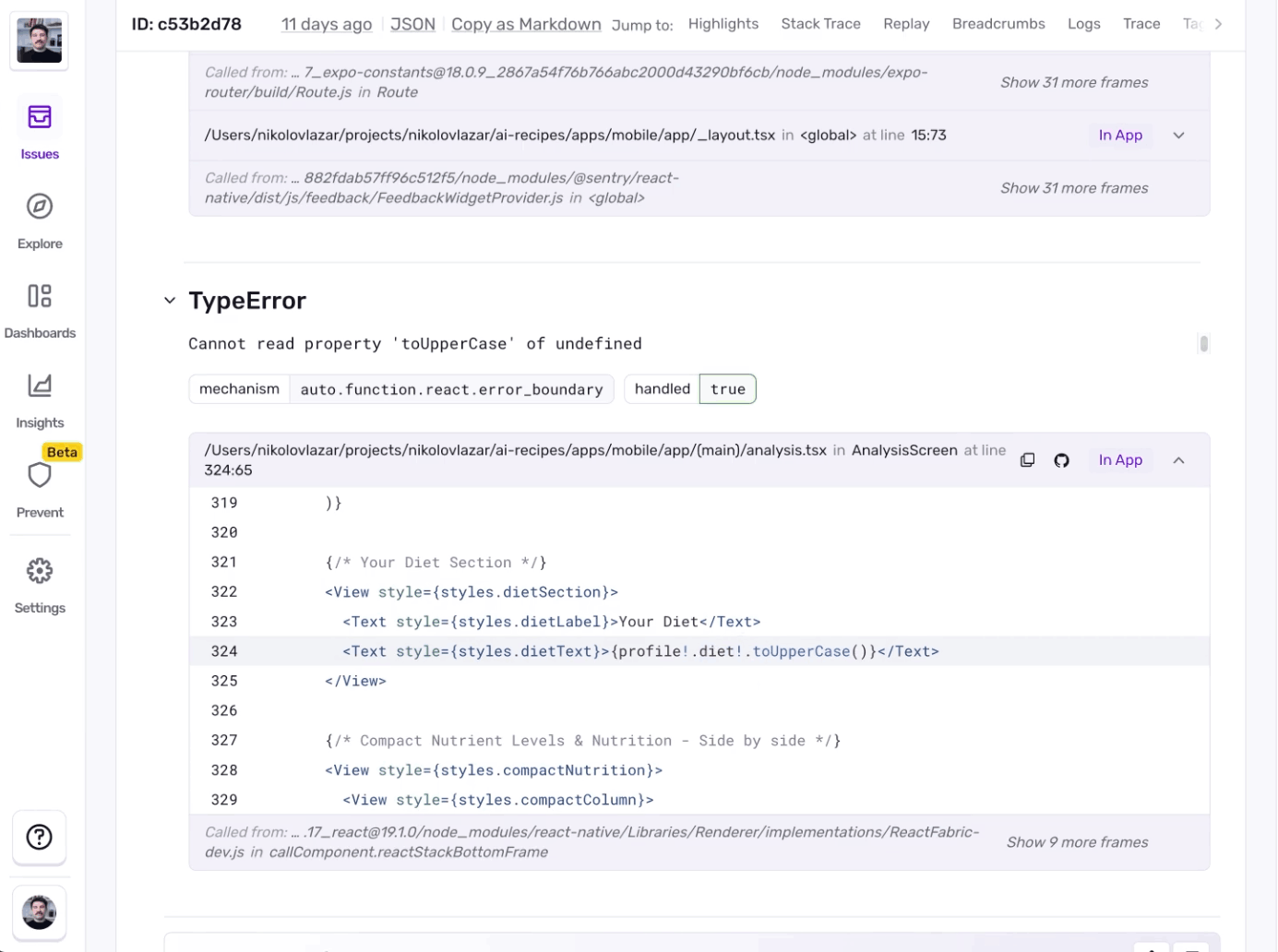 Sentry issue view showing a Cannot read property of undefined stack trace in React Native