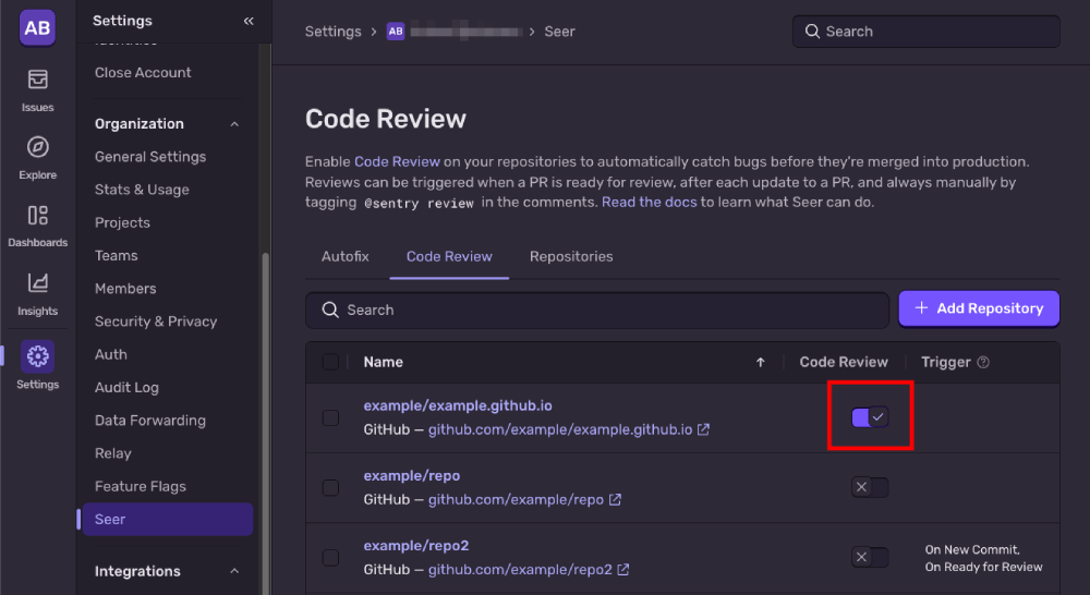 Seer Settings page showing the Code Review tab with a list of GitHub repositories and toggles to enable Code Review per repo