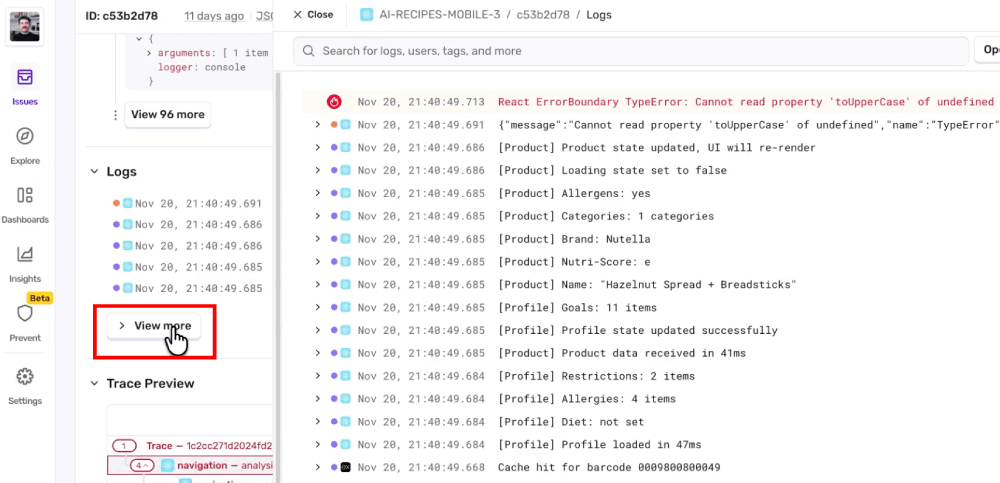 Sentry issue page with the Logs section expanded showing the full log feed