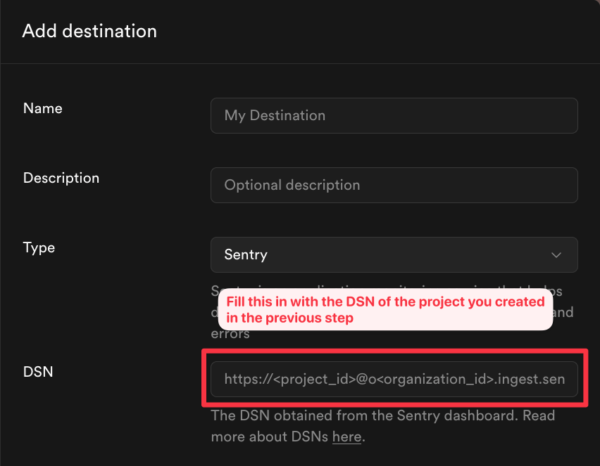 Supabase Add destination form with Type set to Sentry and the DSN field highlighted