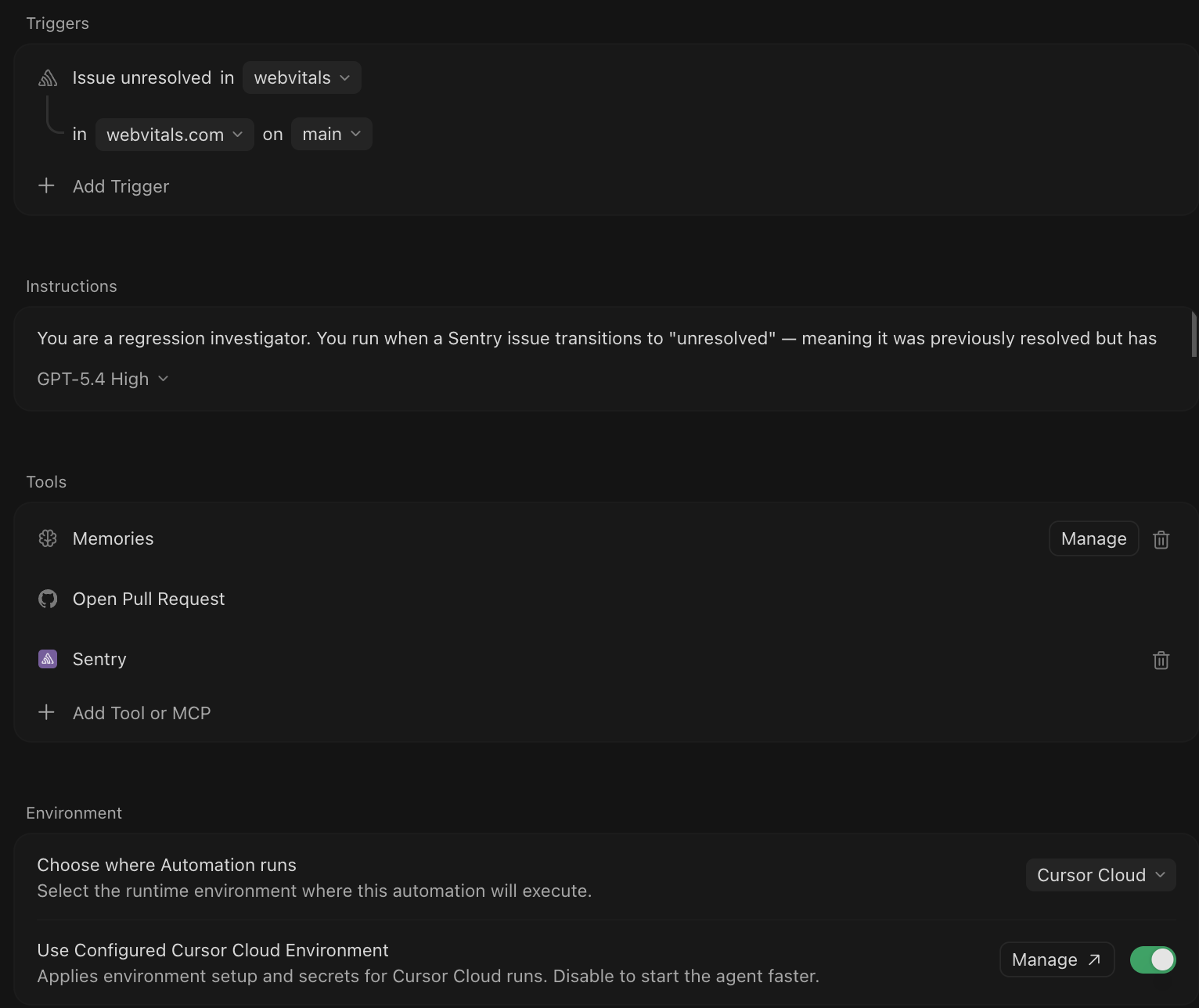 An automation on cursor.com/automations with an Issue updated trigger for a Sentry project, Memories, Open Pull Request, and Sentry tools enabled, and Environment set to Cursor Cloud
