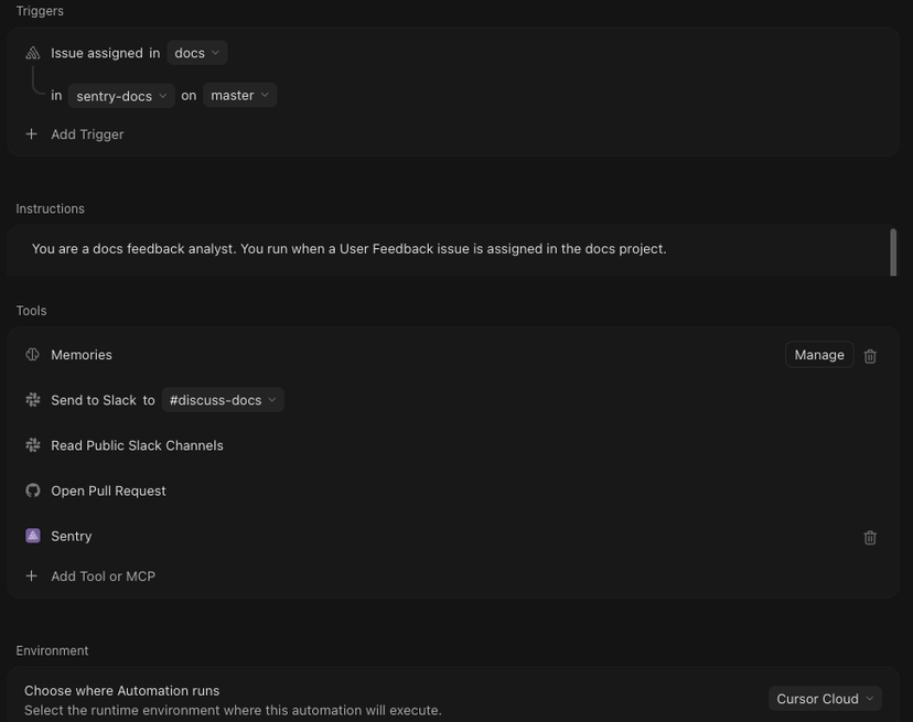 Cursor Automation settings showing an Issue assigned trigger for a Sentry project, with Memories, Slack, Open Pull Request, and Sentry tools enabled, running on Cursor Cloud