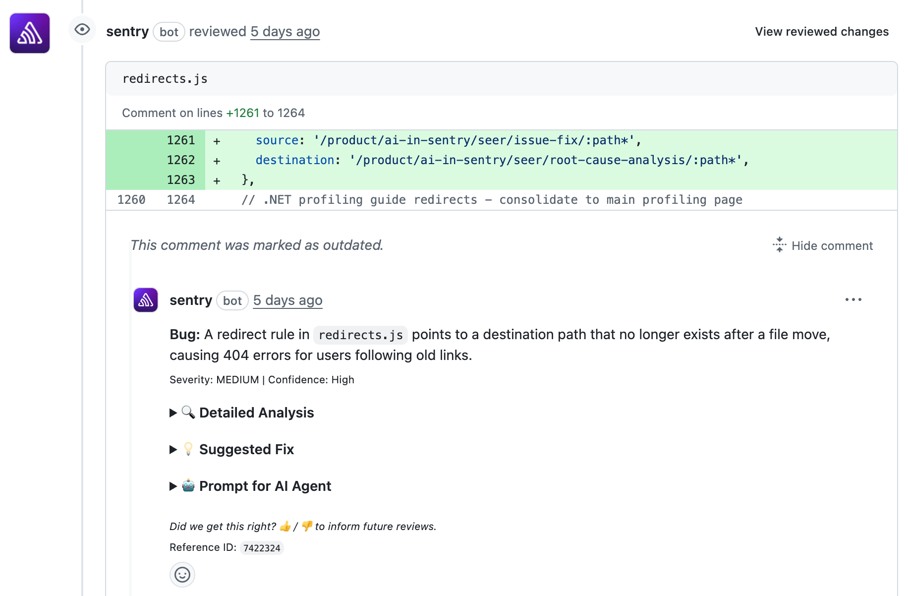 GitHub pull request showing a Sentry bot code review comment identifying a broken redirect rule, with severity, detailed analysis, suggested fix, and a prompt for AI agent