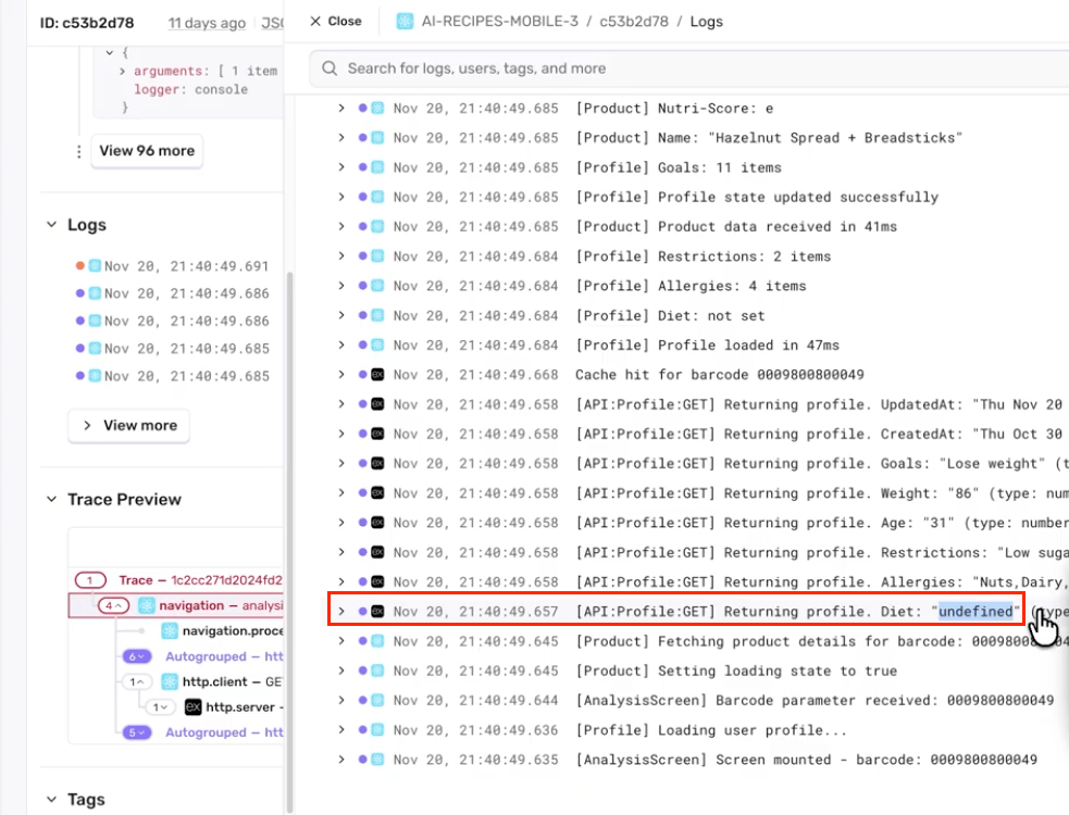 Sentry Logs Explorer showing frontend and backend log entries side by side to compare property values