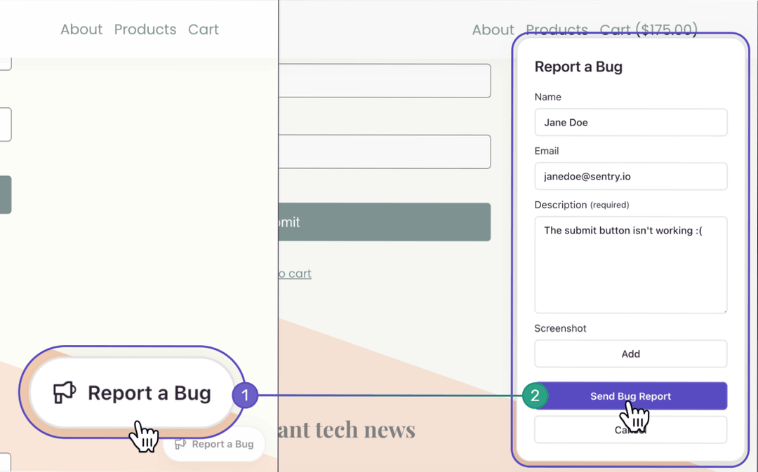 The Sentry User Feedback widget open on a demo app, showing a Report a Bug form with name, email, description, and screenshot fields
