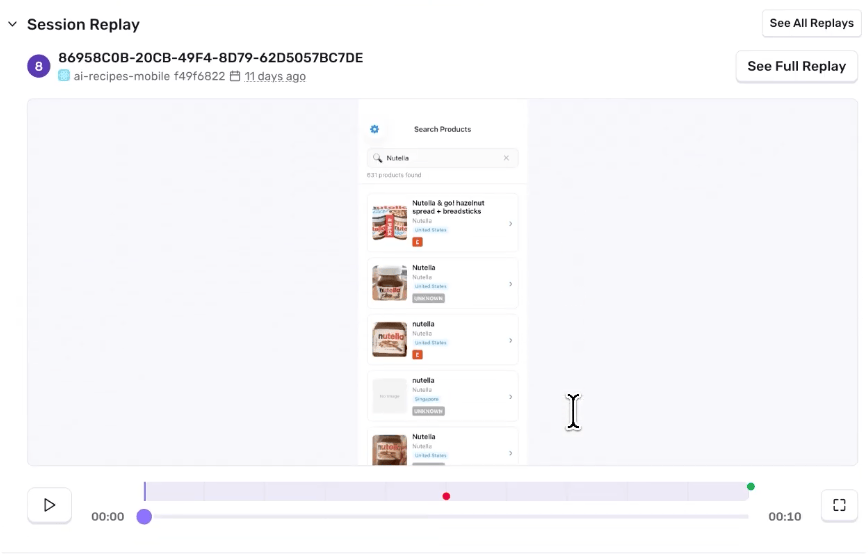 Sentry Session Replay showing a user searching for a product in a mobile app, with a red dot marking the moment of the error