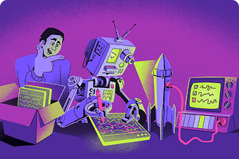 Illustration of a person with a robot working on AI privacy principles