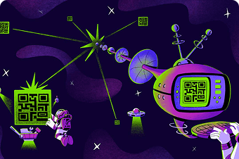 Space-themed illustration with QR codes and satellites representing cloud security questionnaire