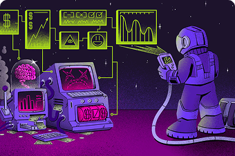 Illustration of robots analyzing data charts representing cross-border data transfers