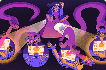 Illustration of people working with data in spotlights representing privacy controls