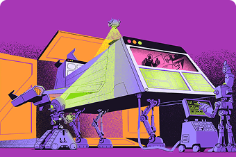 Illustration of robots inspecting a large triangular structure representing legal terms