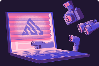 Illustration of a laptop with Sentry logo and surveillance equipment representing security policy