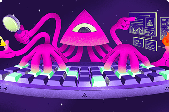 Illustration of a pink octopus-like creature on a keyboard representing Seer AI agent