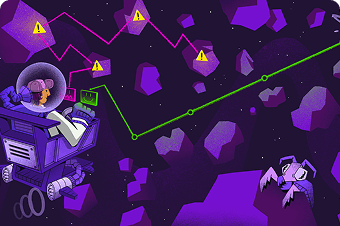 Space vehicle navigating through asteroids with warning signs representing compliance certifications