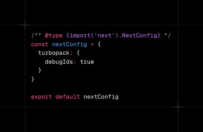 Screenshot of Next.js configuration code with turbopack and debug settings.