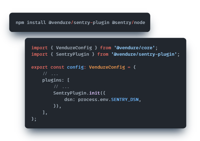 A screenshot showing the install instructions for Vendure.